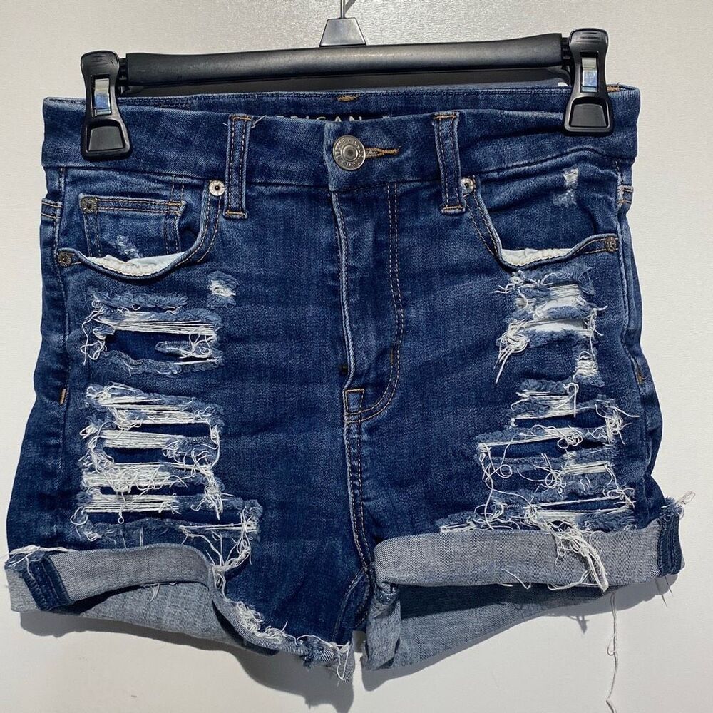 American Eagle Women's Dark Blue Curvy Hi-Rise Distressed‎ Denim Shorts Size 00